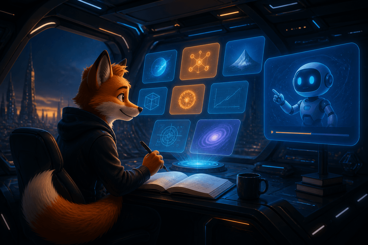 A student at a futuristic desk studying with holographic lesson panels and an AI tutor
