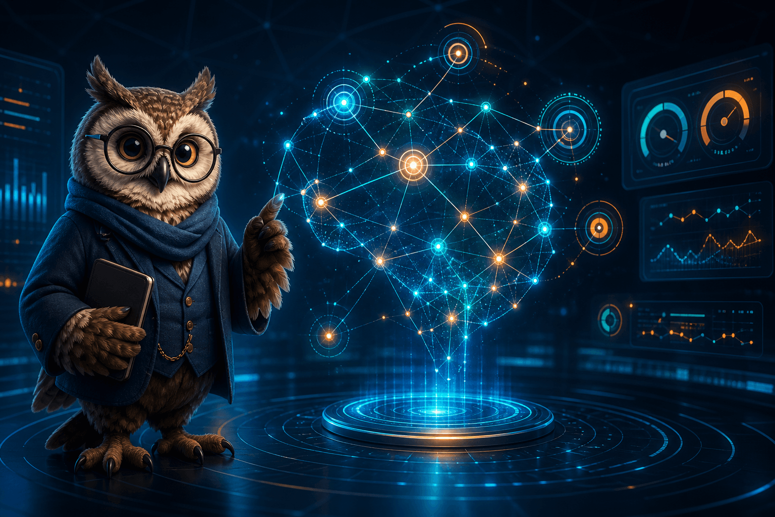 An owl in a scholar's coat presenting a glowing neural network of student signals beside analytics dashboards
