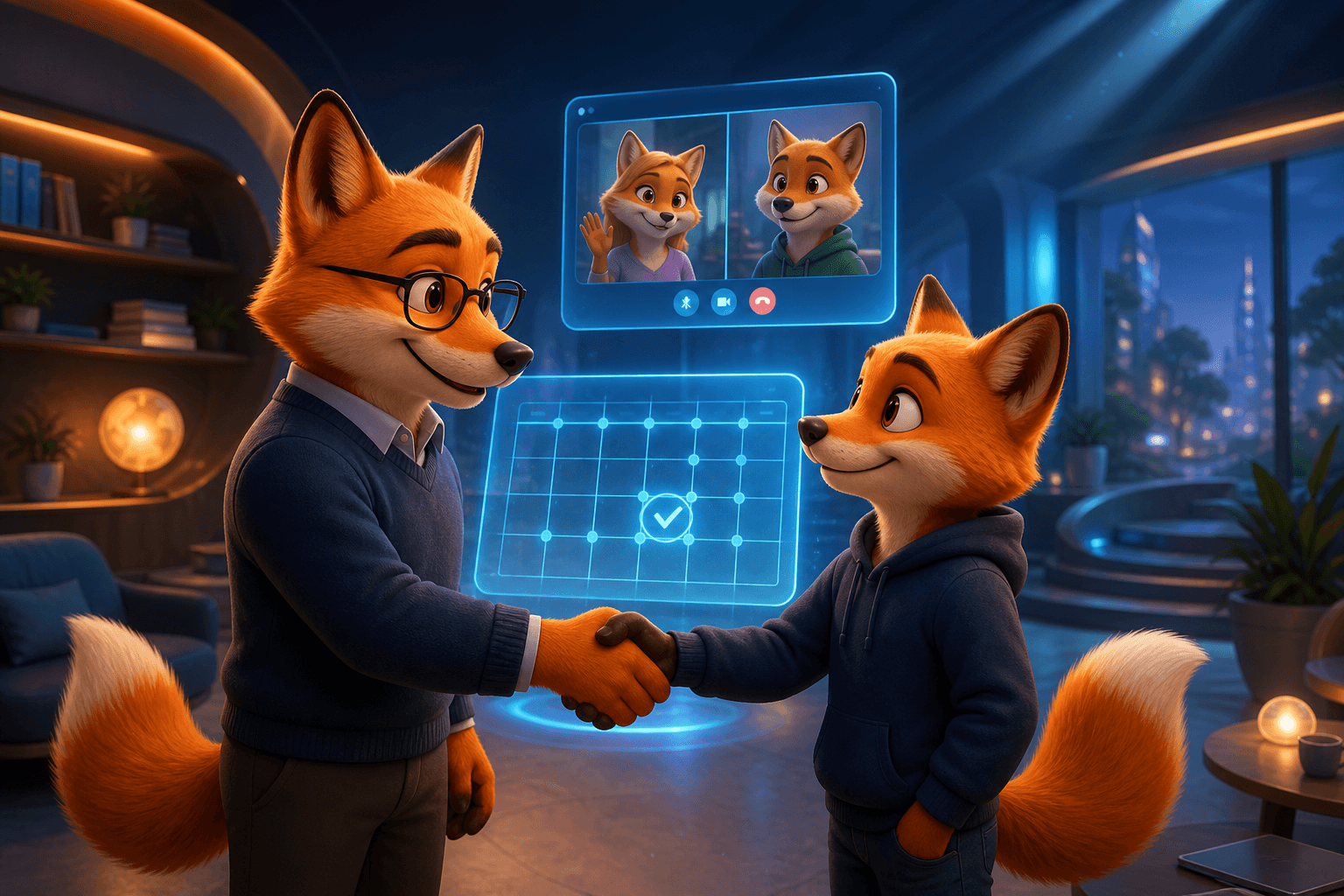 A mentor and a student shaking hands in front of a holographic session calendar