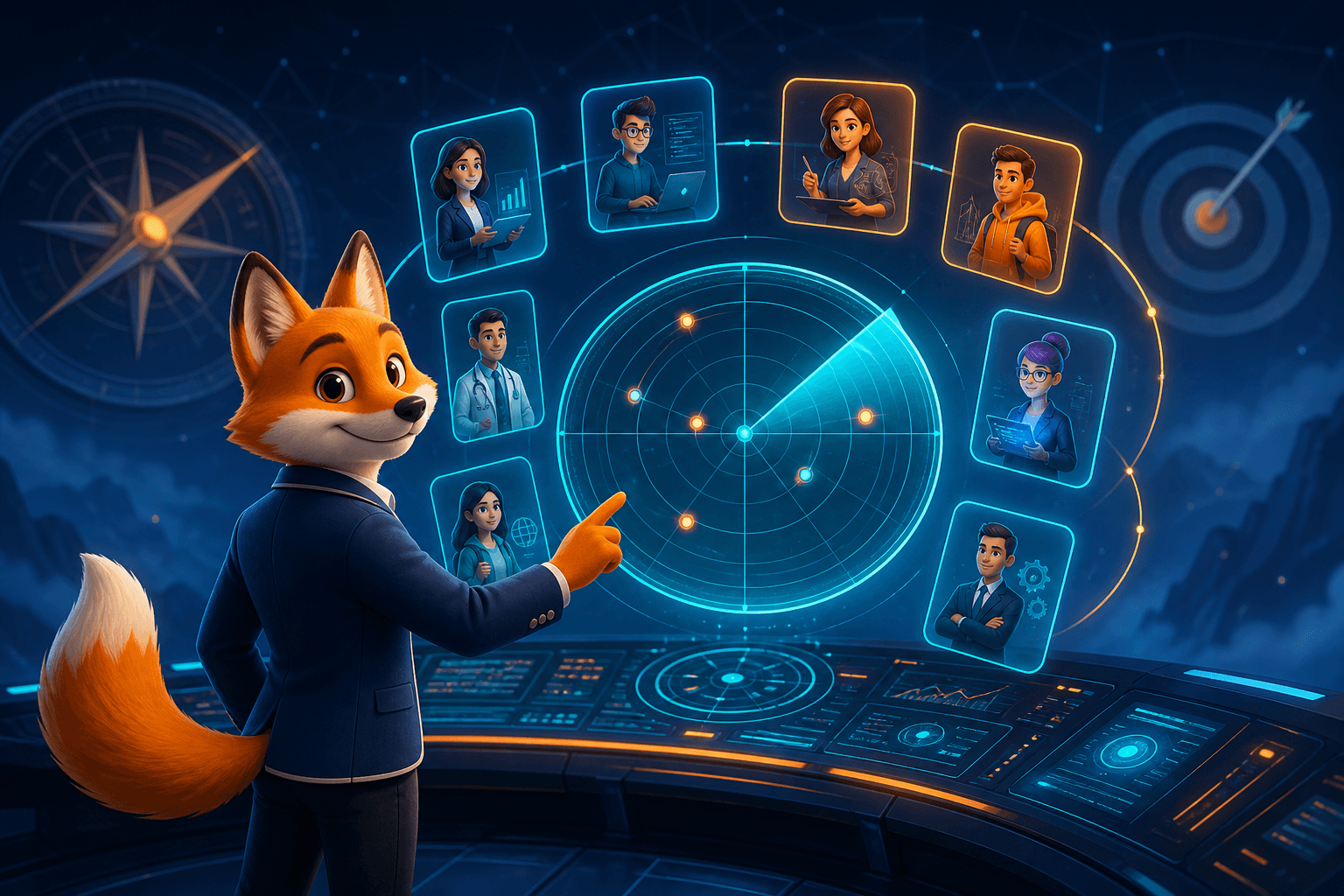A placement officer reviewing candidate profiles on a holographic radar console