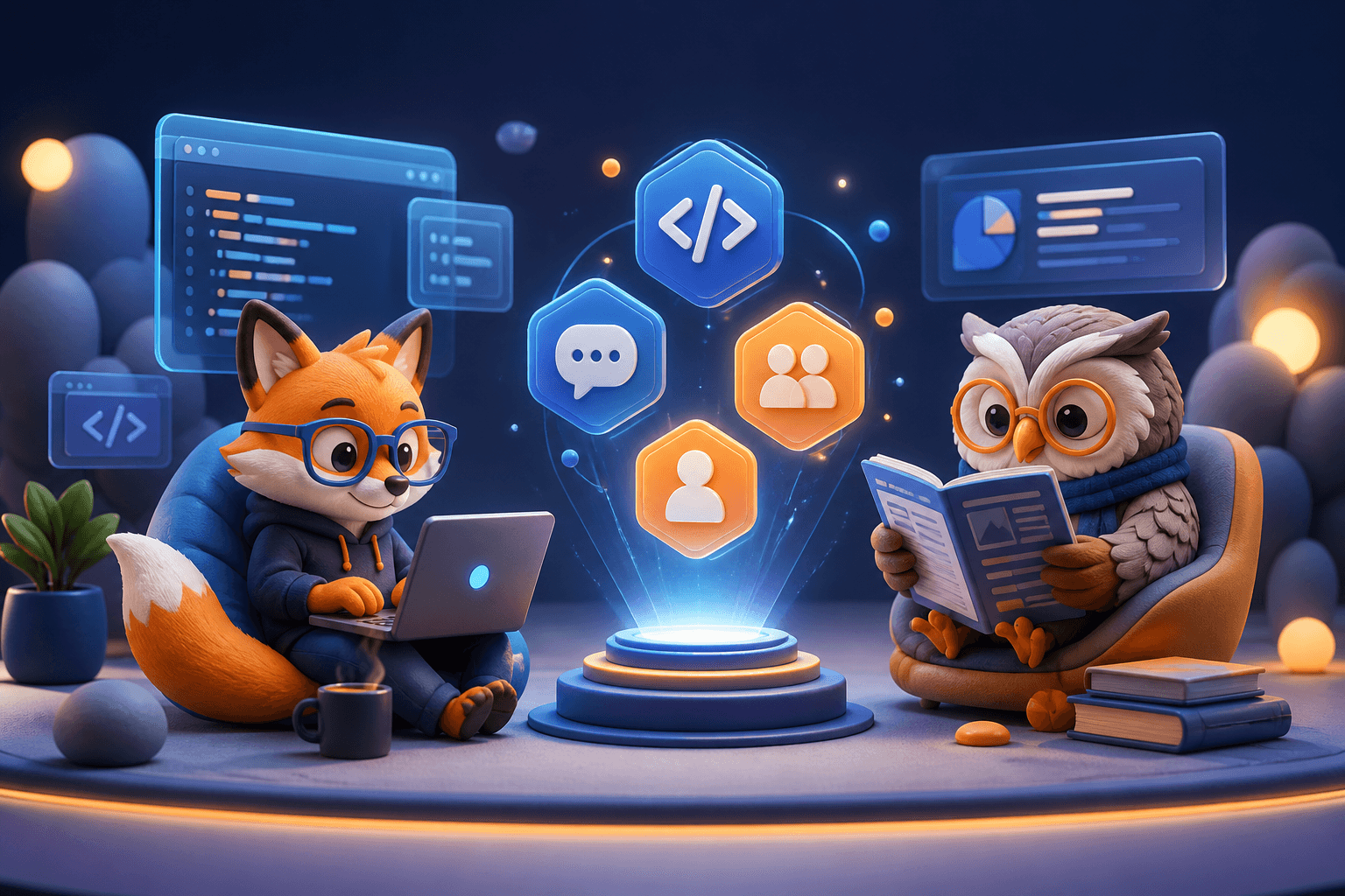 Two FutureCorp Academy characters — a fox coding on a laptop and an owl reading — around a holographic skill display